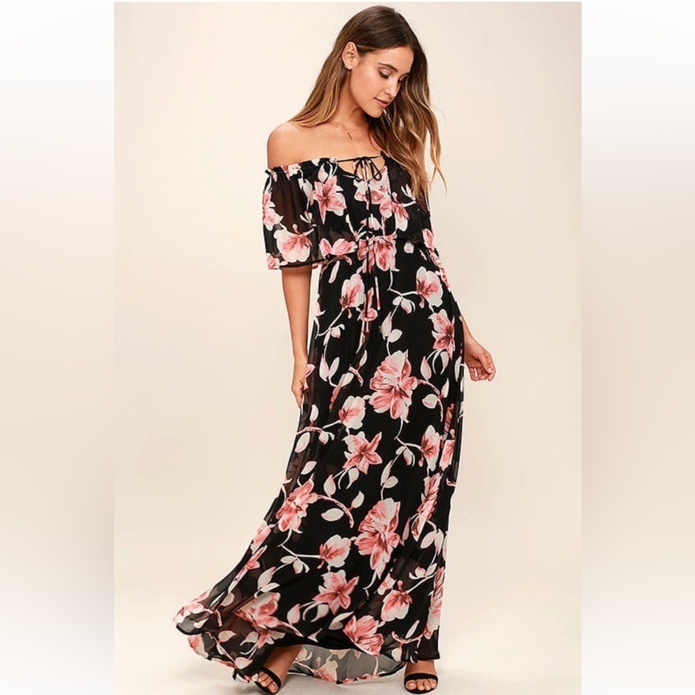 Lulus Infinite Love‎ Black Floral Print Off-the-Shoulder Maxi Dress Sz Small